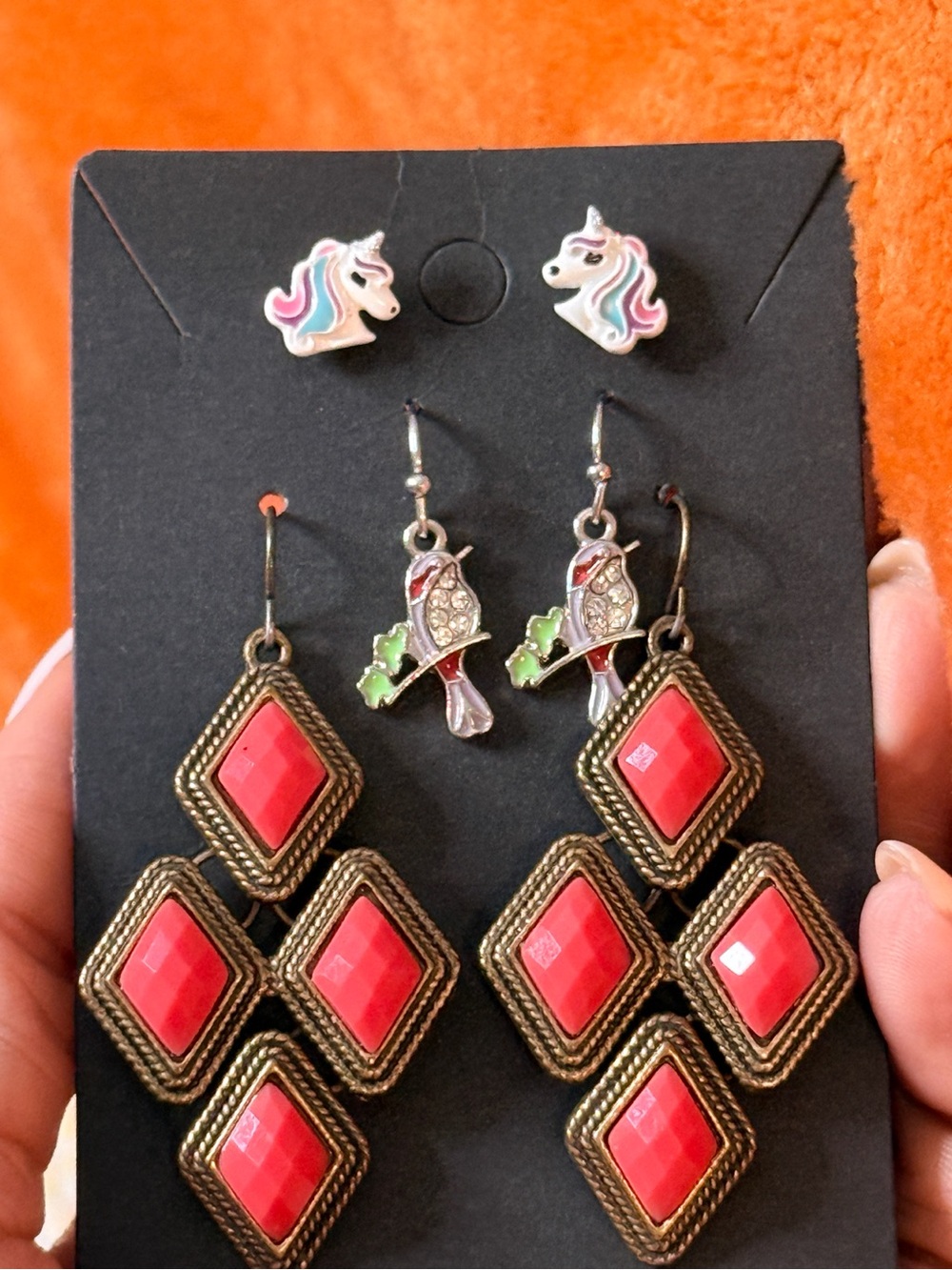 3 Pair Earring Set | Red Chandelier, Bird & Unicorn Earrings